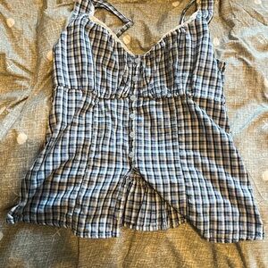 Blue and White Plaid Button-Up Top